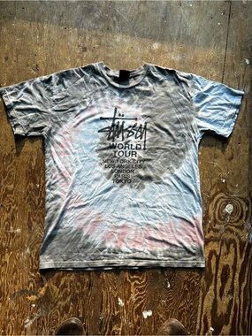 Stussy World Tour Tee - Light Gray with Pink and Blue Fade